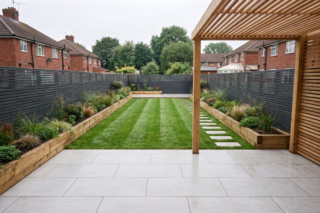 After concept: the same garden with a porcelain patio, cedar pergola, raised sleeper beds, slatted fence and a striped lawn.