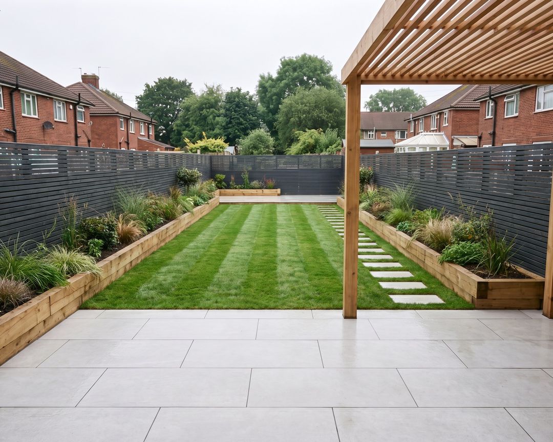 After concept: a back garden with a porcelain patio, cedar pergola, raised beds and new lawn.