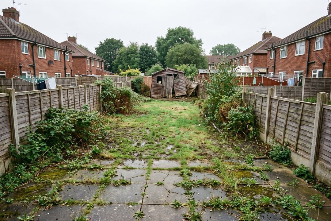 Before: a neglected back garden with a cracked concrete patio, patchy lawn, leaning fences and an old shed.