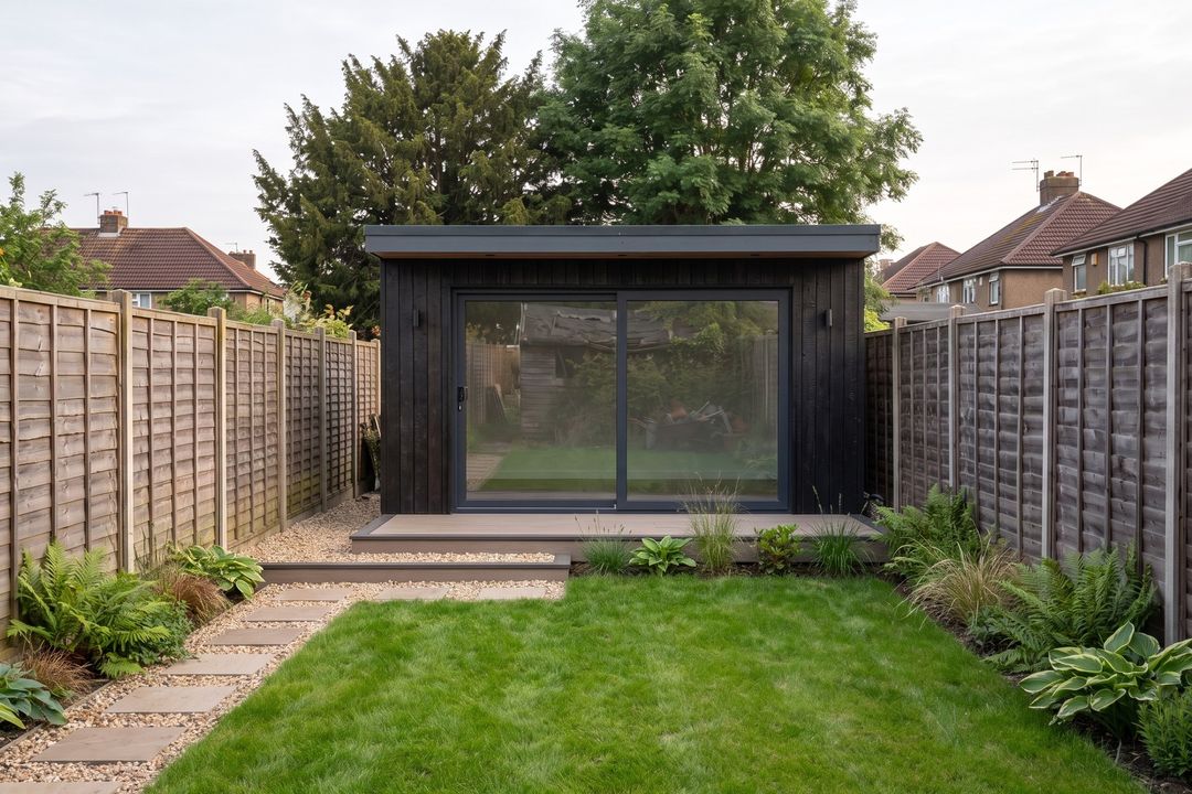 After concept: the same garden with a charred-timber garden room, glazed sliding doors, a deck and a gravel path.